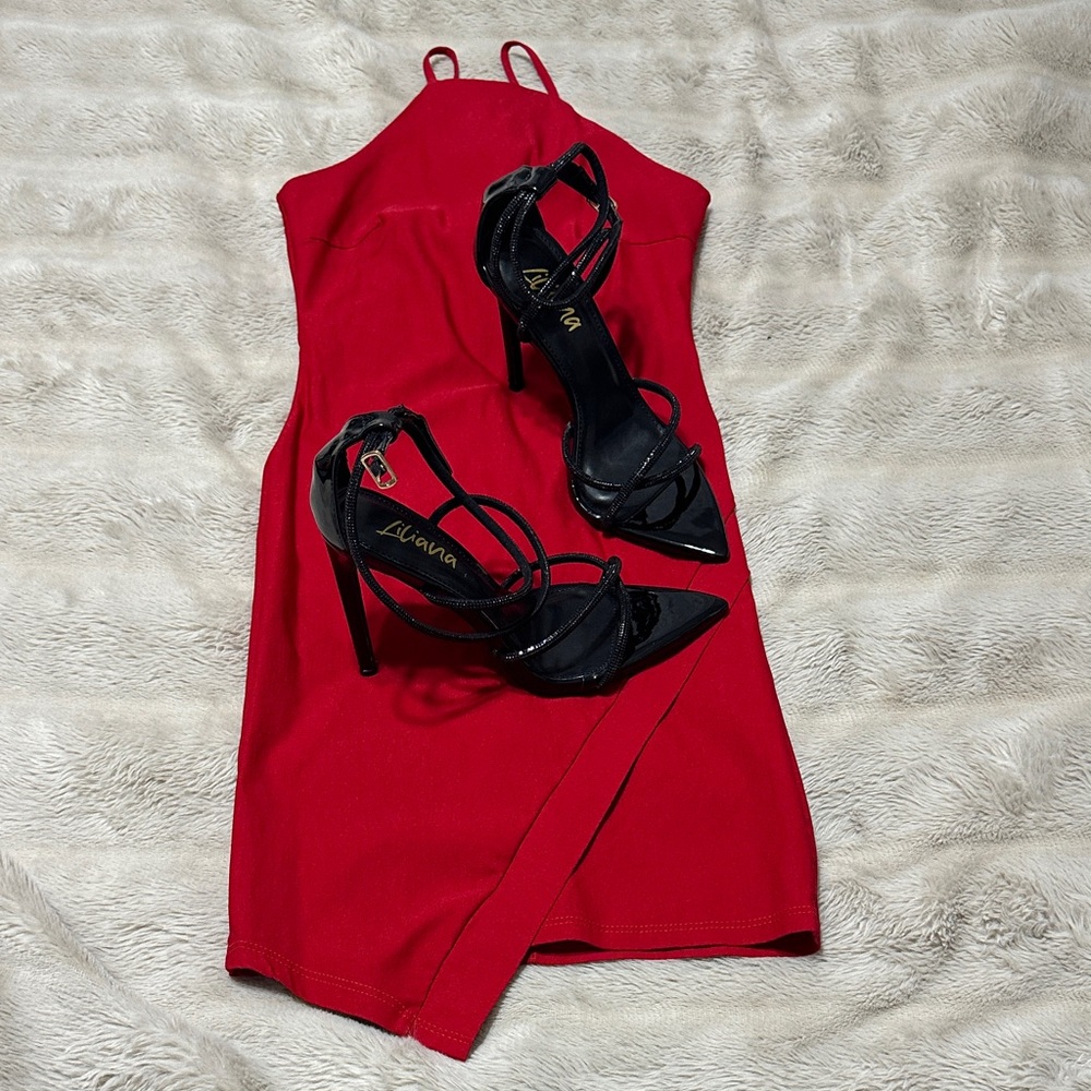 Red Dress with Black Strappy Heels